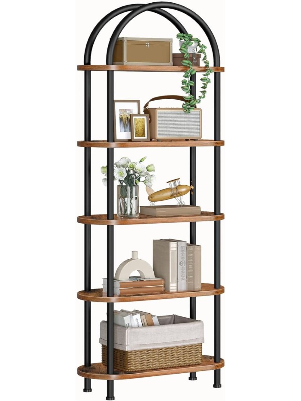 5 Tier Open Bookshelf, Industrial Arched Bookcase Display Shelf Rack, Wooden Boo